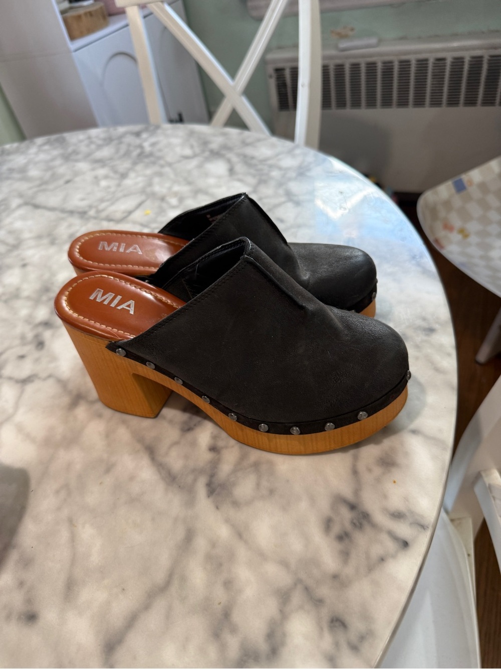MIA Black Leather Clog Mules with Wood-Look Heel